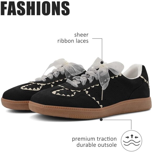Women's Casual Black Crochet Ribbon Ballet Trendy Cute Spring Sneakers Shoes - Picture 4 of 9